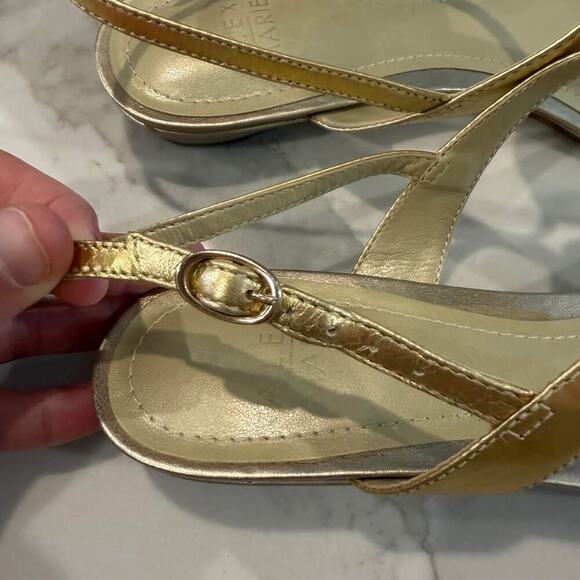 Alex Marie Flat Heel T-Strap Gold Sandals w/Gold Flower Women's Size 8M Dutchess - Picture 6 of 10
